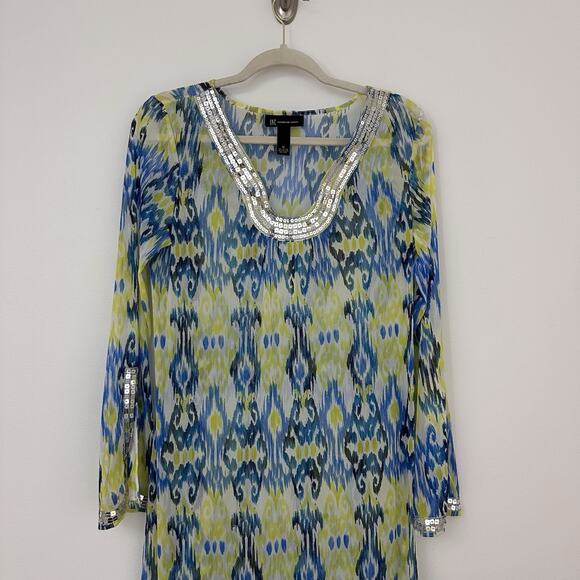 INC Womens M Nylon Sheer Swim Cover Up Ikat Blue Green Sequin Maxi Dress - Picture 2 of 6